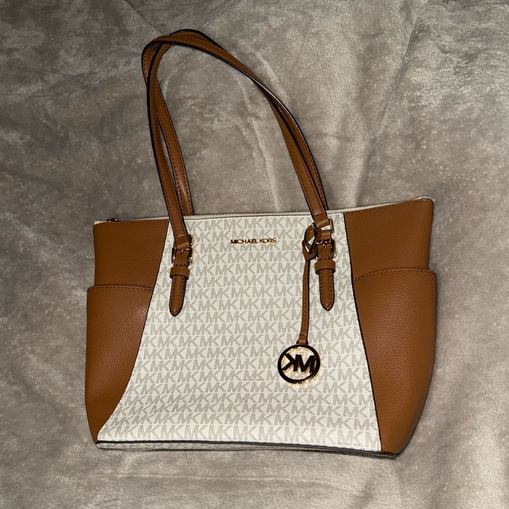 Charlotte Large Logo and Leather Top-Zip Tote Bag